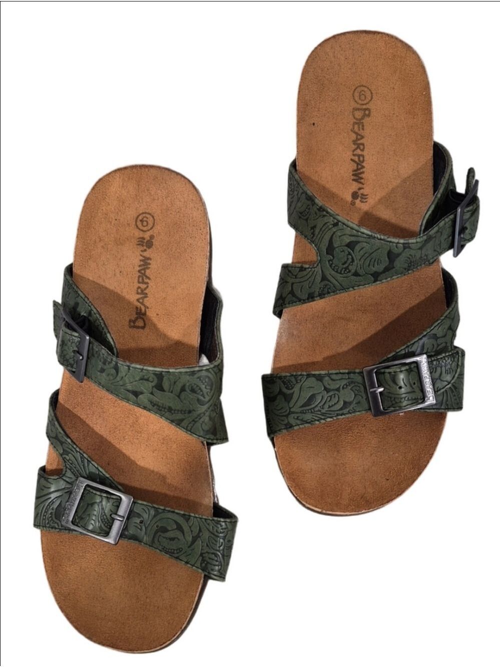 Bearpaw Olive Green Embossed Tooled Leather Double Strap Slide Sandals